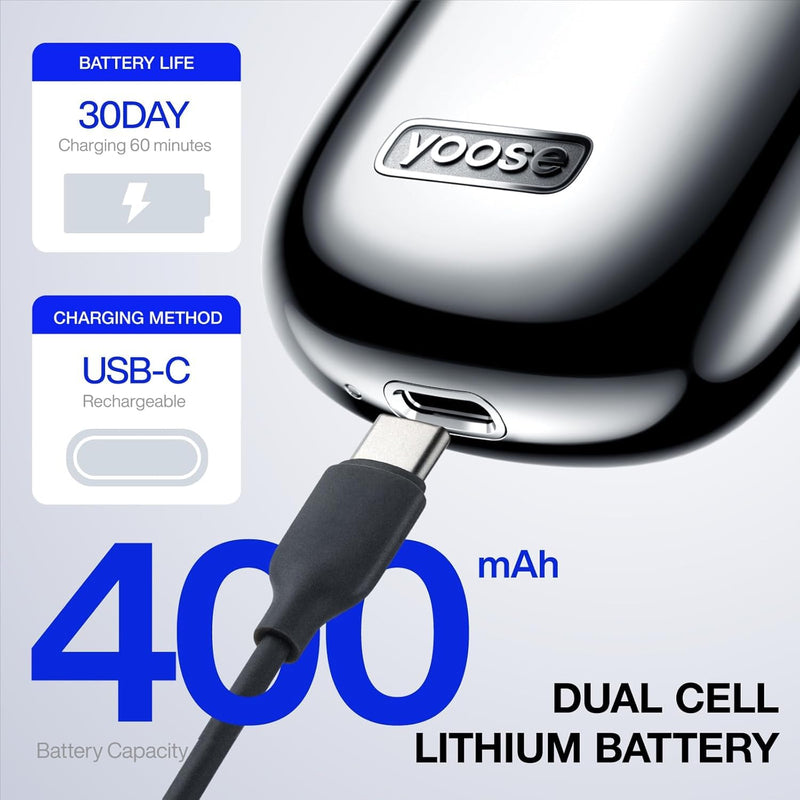 [Australia] - yoose MINI men's electric shaver, men's electric shaver made of alloy, IPX7 waterproof electric shaver for men with 8000rpm motor, Type-C cable and magnetic shaving head, silver 