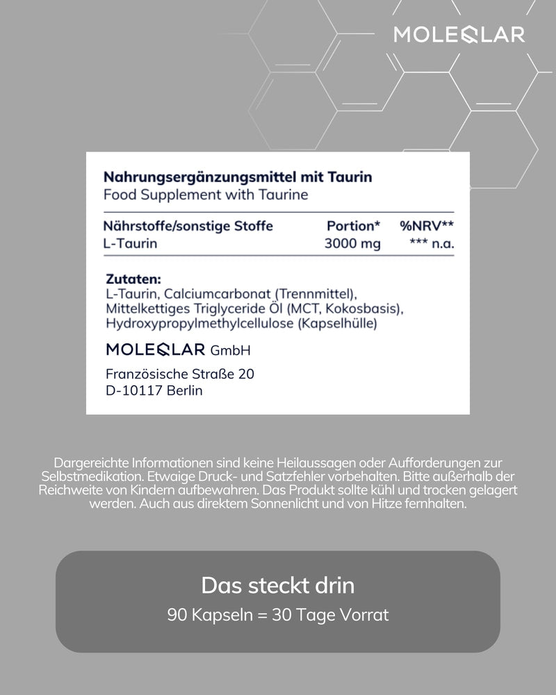 MoleQlar Taurine Capsules 90 Pieces, Dietary Supplement with 3000 mg L-Taurine per Serving, Capsule Form for Convenient Daily Use, Suitable for Mixing or Daily Supplement Intake, Vegan Powder