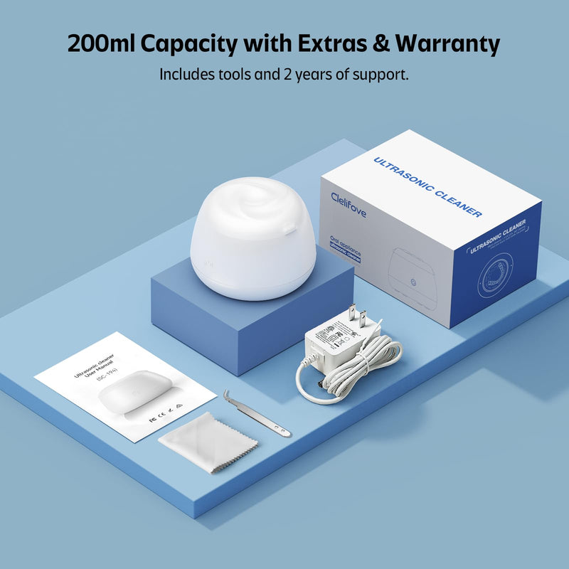 [Australia] - Ultrasonic Retainer Cleaner Machine 48kHz Denture and Aligner Cleaning Pod for Mouth Guards Night Guards Dental Trays Braces Toothbrushes Jewelry with 200ML Capacity (White) White 