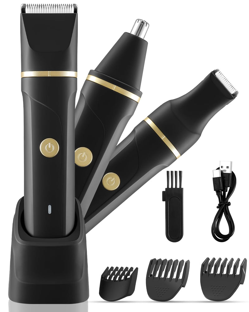 [Australia] - Intimate razor for men, 3 in 1 nose hair trimmer and razor for men, electric, wet and dry use, trimmer for men's intimate area for chest, legs, armpit, groin, nose with standing charging station, IPX7 black 