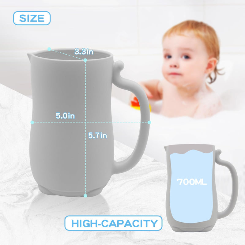 [Australia] - PandaEar Baby Bath Rinse Cup, Silicone Baby Shampoo Rinser with 2 Pack Cradle Cap Brush for Kids Toddler Body Washing (Grey) Grey 
