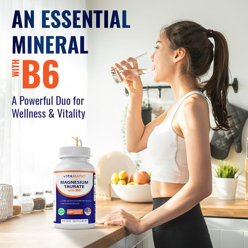 Vitamatic Magnesium Taurate 1500mg per Serving - 180 Vegetarian Capsules (Provides 300 mg of Elemental Magnesium) - Added B6 for Maximum Absorption - Supports Muscle, Joint, and Heart Health*