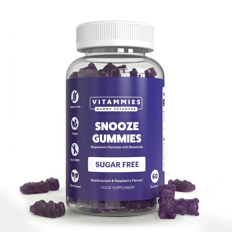 Vitammies Magnesium Glycinate Snooze Gummies - Magnesium Vegan Sleep Gummies with Lemon Balm & Chamomile - Magnesium Supplements Sugar Free Chewables - Blackcurrant Raspberry - 60 Count