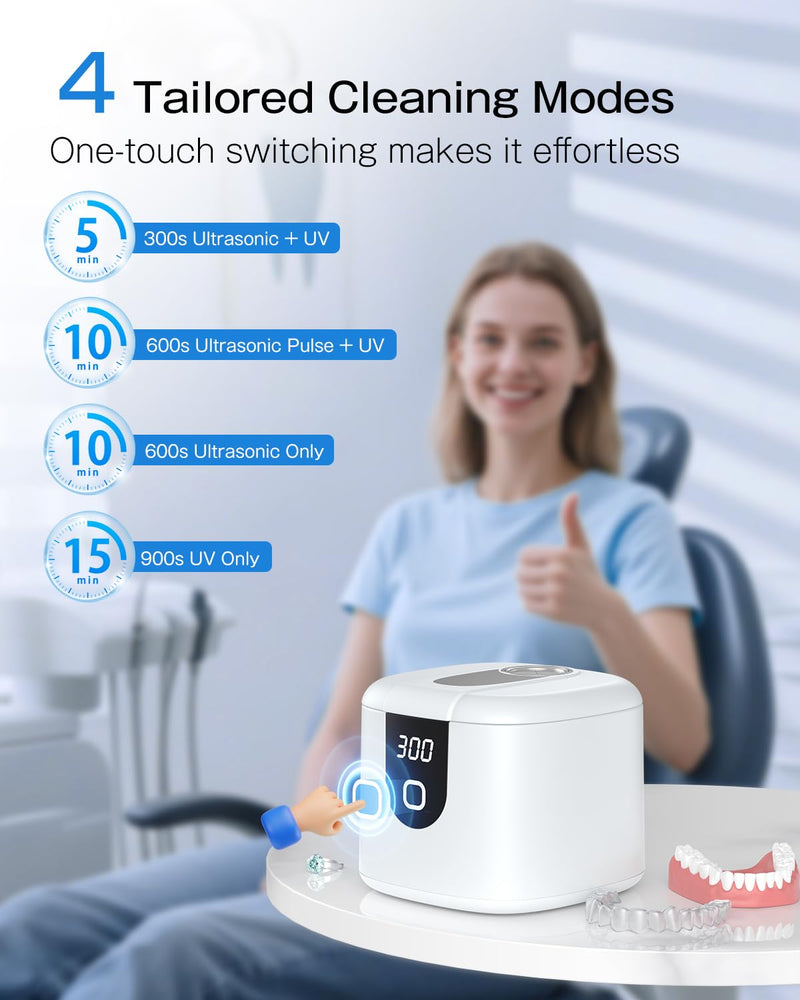 [Australia] - 2025 Enhanced Ultrasonic Retainer Cleaner, 2X Efficiency, 45kHz Dentures Cleaner Machine with UV Lights&4 Clean Modes, Dental Cleaning Pod for Aligner, Nightguard, Mouth Guards, Jewelry, Rings, etc 