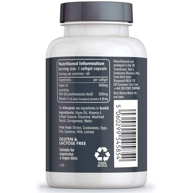 Transforme Vegan Omega 3 Algae Oil with Vitamin E, 60 Rapid Absorption Capsules, Marine Algal Oil DHA, Easy to Swallow Softgels, Vegetarian Plant Source Essential Fatty Acids
