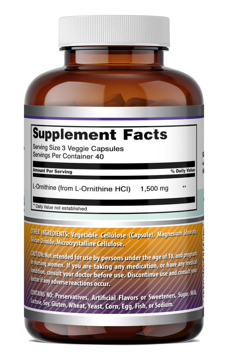 Amazing Formulas L-Ornithine 1500 Mg Per Serving Veggie Capsules Supplement | Non-GMO | Gluten Free | Made in USA (120 Count) Unflavored - 120 Count