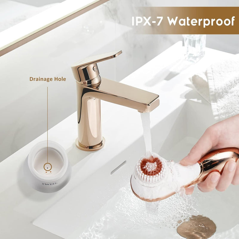 Electric Face Brush Scrubber Rechargeable Facial Exfoliator IPX-7 Waterproof Spin Cleanser Rotating Spa Machine for Exfoliating, Massaging and Deep Cleansing with 4 Brush Heads White & Rose Gold