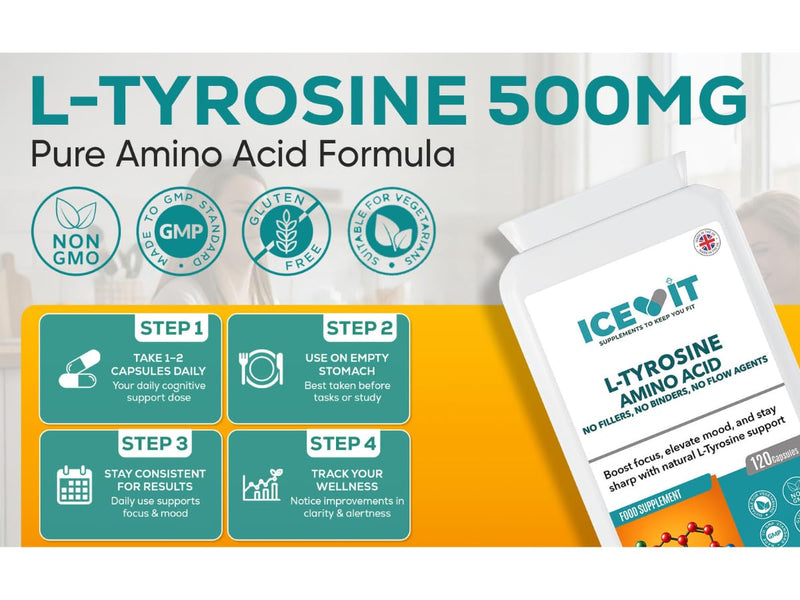 L-Tyrosine 500mg – 120 Capsules | Pure Amino Acid | No Fillers or Binders | Non-GMO | UK Made in GMP Facility | Food Supplement for Focus & Brain Support