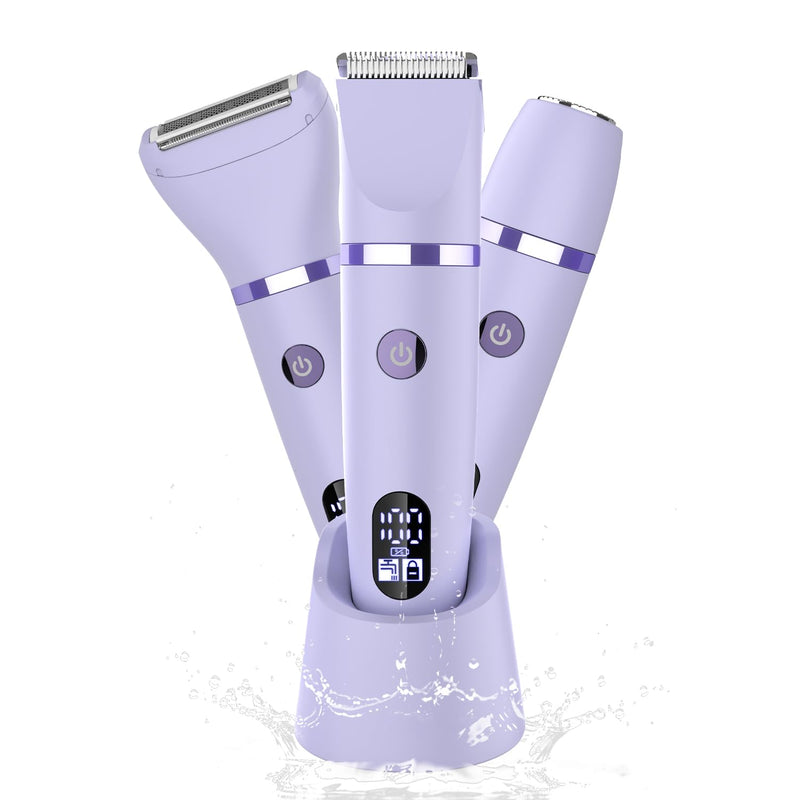 [Australia] - 3-in-1 Electric Razor IPX7 Waterproof Bikini Trimmer Wet & Dry Use Painless Personal Trimmer Groomer for Ladies Face Body Legs Bikini Public Hairs Electric Lady Shaver with Replaceable Heads Purple 