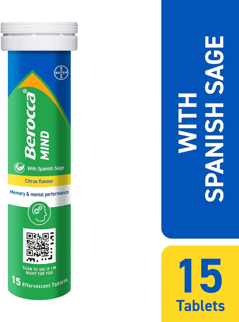 Berocca Mind Effervescent Tablets Including B Vitamins, with Spanish Sage to Support Memory and Mental Performance - 15 Tablets x 4 Pack - Citrus Flavour 1 count (Pack of 60)