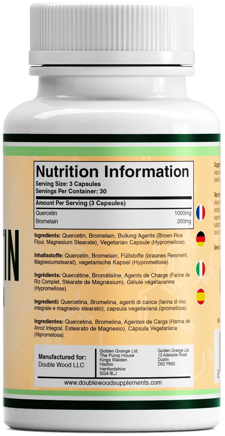 Double Wood Quercetin 1000mg with Bromelain 200mg – 90 Vegan Capsules (30 Day Supply) – Immune Support, Antioxidant, Respiratory, Mucus & Allergy Relief – Non-GMO, UK Made 90 count (Pack of 1)
