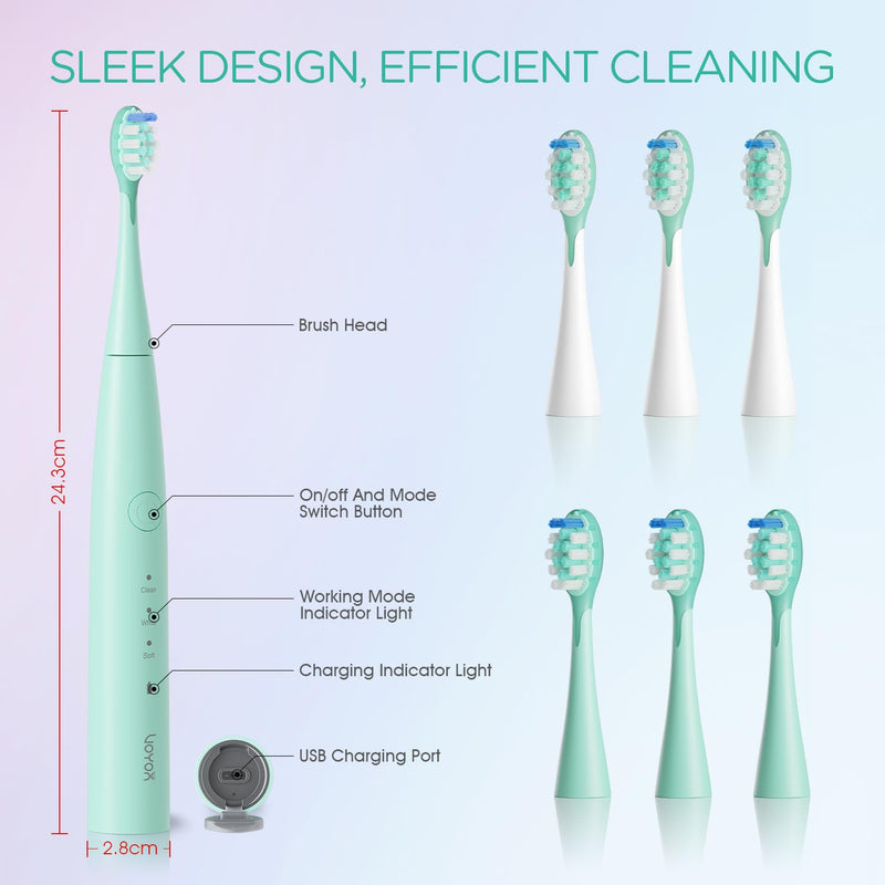 [Australia] - VOYOR-HEALTH Portable Electric Toothbrush - 90-Day Battery & IPX7 Waterproof, Fast-Charging Sonic Toothbrush with 6 Brush Heads & Smart Timer | Ultra Cleaning, Travel-Friendly Design | ET110 (Green) Green 