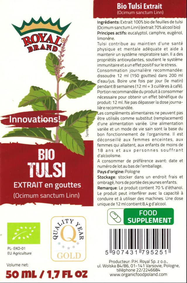 Tulsi Holy Basil Tincture Organic/Extract Drops / 50ml / 1.7 fl oz/Glass Bottle for Better Quality