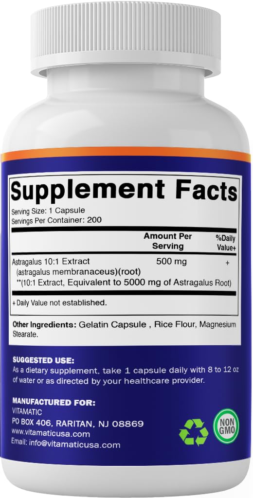 [Australia] - Vitamatic Astragalus Capsules 200 Veg Capsules - 10:1 Astragalus Extract 500mg - Non-GMO, Gluten-Free 