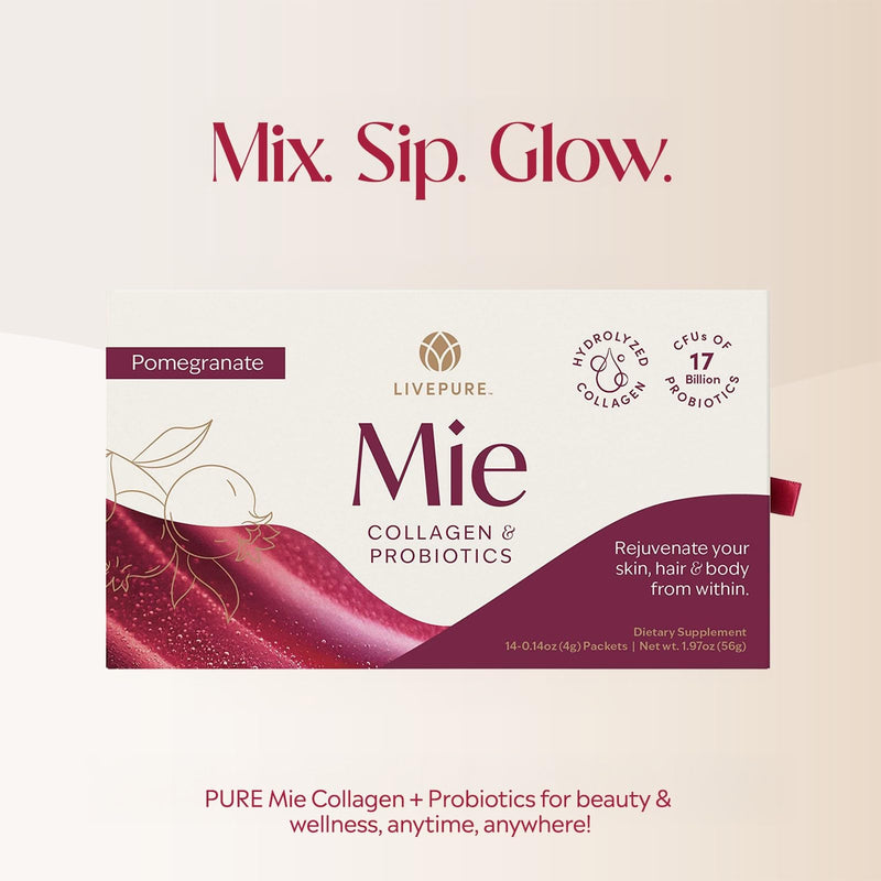 PURE | Mie Collagen + Probiotics | Pomegranate | Supplement for Beauty | 14 Packets | Biotin & Collagen Infused | Hair Skin & Nail Strengthener | Gut Health Support with Probiotics & Vitamin C
