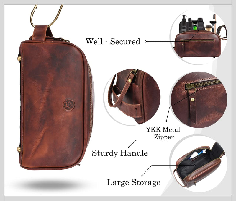10" Premium Leather Toiletry Travel Pouch With Waterproof Lining | King-Size Handcrafted Vintage Dopp - Kit By Aaron Leather Goods (Dark Brown) Dark Brown