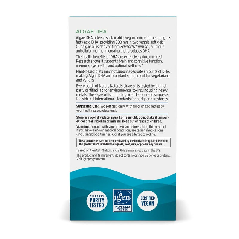 [Australia] - Nordic Naturals Algae DHA - 90 Soft Gels - 500 mg Omega-3 DHA - Certified Vegan Algae Oil - Plant-Based DHA - Brain, Eye & Nervous System Support - Non-GMO - 45 Servings 90 Count (Pack of 1) 