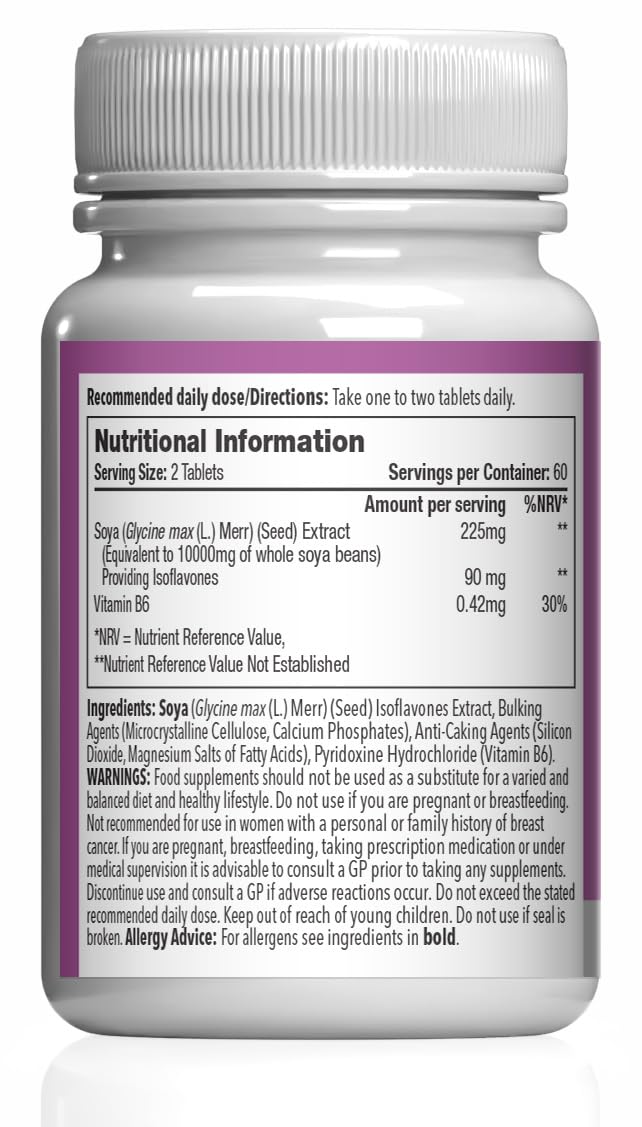 SOYA 10,000mg | Supports Hormonal Balance with Vitamin B6 | Potent Daily Formula | Vegan and Vegetarian Friendly | 120 Tablets = 2 Months' Supply | Manufactured in The UK Unflavoured 1 count (Pack of 120)