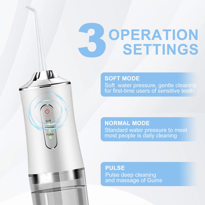 [Australia] - MeYuxg Water Oral Irrigator Wireless, Portable Electric Tooth Cleaner, 3 Modes & 4 Nozzles, Wireless Oral Irrigator IPX7 Waterproof Water Flosser 300ML Removable Water Tank for Ten Home and Travel Use 