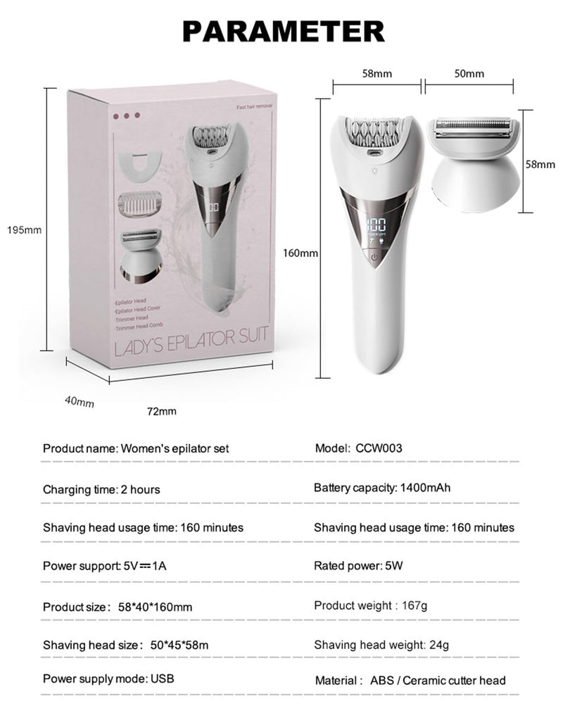 [Australia] - Electric Lady's Epilator,2in1 for Face, Chin, Arm, Leg, Armpit, Bikini Trimmer,Shave& Epilate, Wide Head for Fast Epilation,Wet & Dry Lady Shaver,2 Speeds 