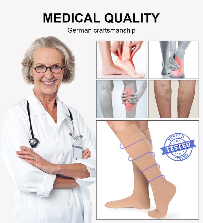 [Australia] - 2 pairs of medical compression stockings for women and men, 20-30 mmHg, class 2, closed toe area, graduated support, support stockings for varicose veins, edema, flight L, 2 x beige 