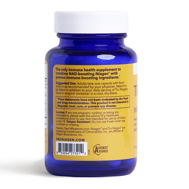 TRU NIAGEN NAD+ Immune Cell Support, Vitamin C, D3, Zinc, 100mg NR, 30ct | Daily immune support with Vitamin C, vegan D3, Zinc, Selenium & Copper, plus 100mg patented Niagen NR to boost NAD+ levels.