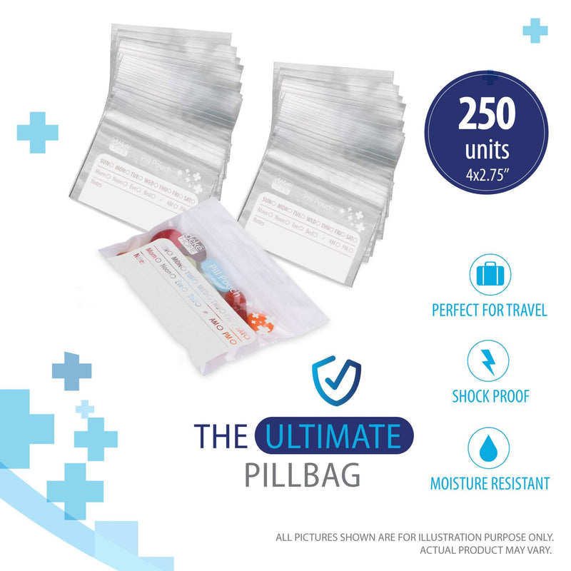 Deke Home - 250 Pack Clear Resealable Pill Bags (4x2.75 in), Travel Medicine Pouches with Write-On Label, BPA-Free Disposable Pill Organizer for Medications, Vitamins & Supplements 250 Count (Pack of 1)