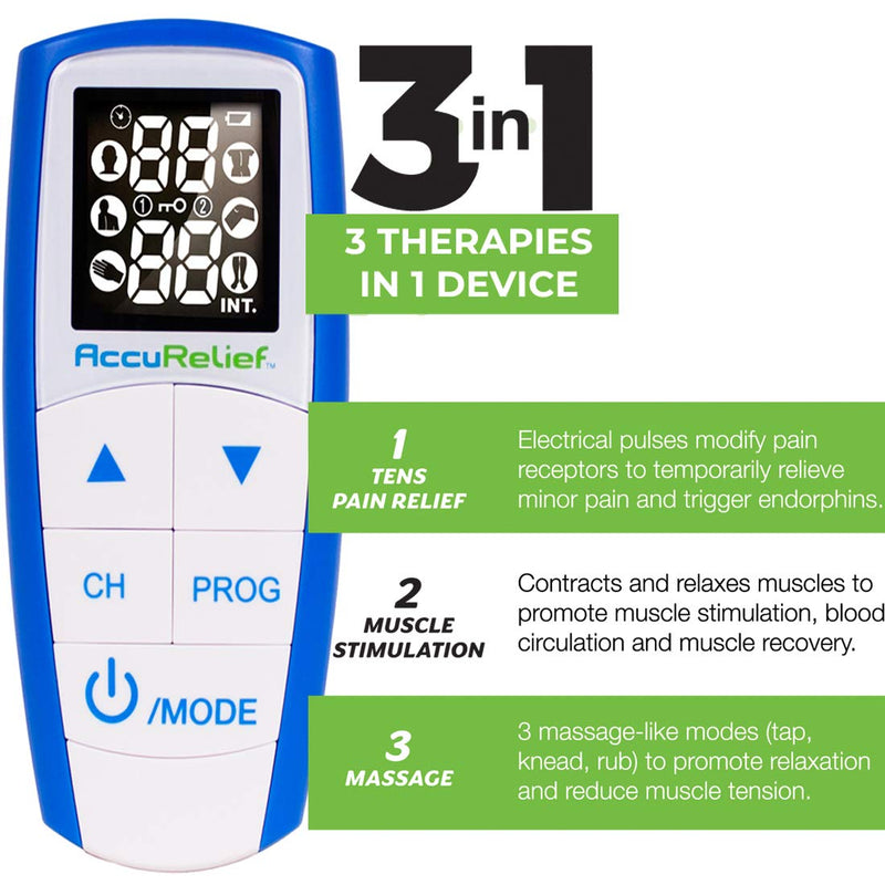AccuRelief Complete 3-in-1 TENS Unit, EMS, Massager Device - Pain Relief Electric Muscle Stimulator with 4 Electrodes for Neck, Back, and Full Body