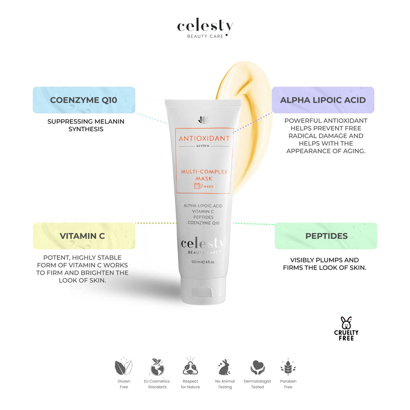 Celest Beauty Antioxidant Deep Hydration Face Mask Skincare, Boosts Collagen, Vitamin C, Coenzyme Q10, Alpha Lipoic Rich Extracts for your Anti Aging Revitalized Radiant Skin. 4 Fl Oz Large Size