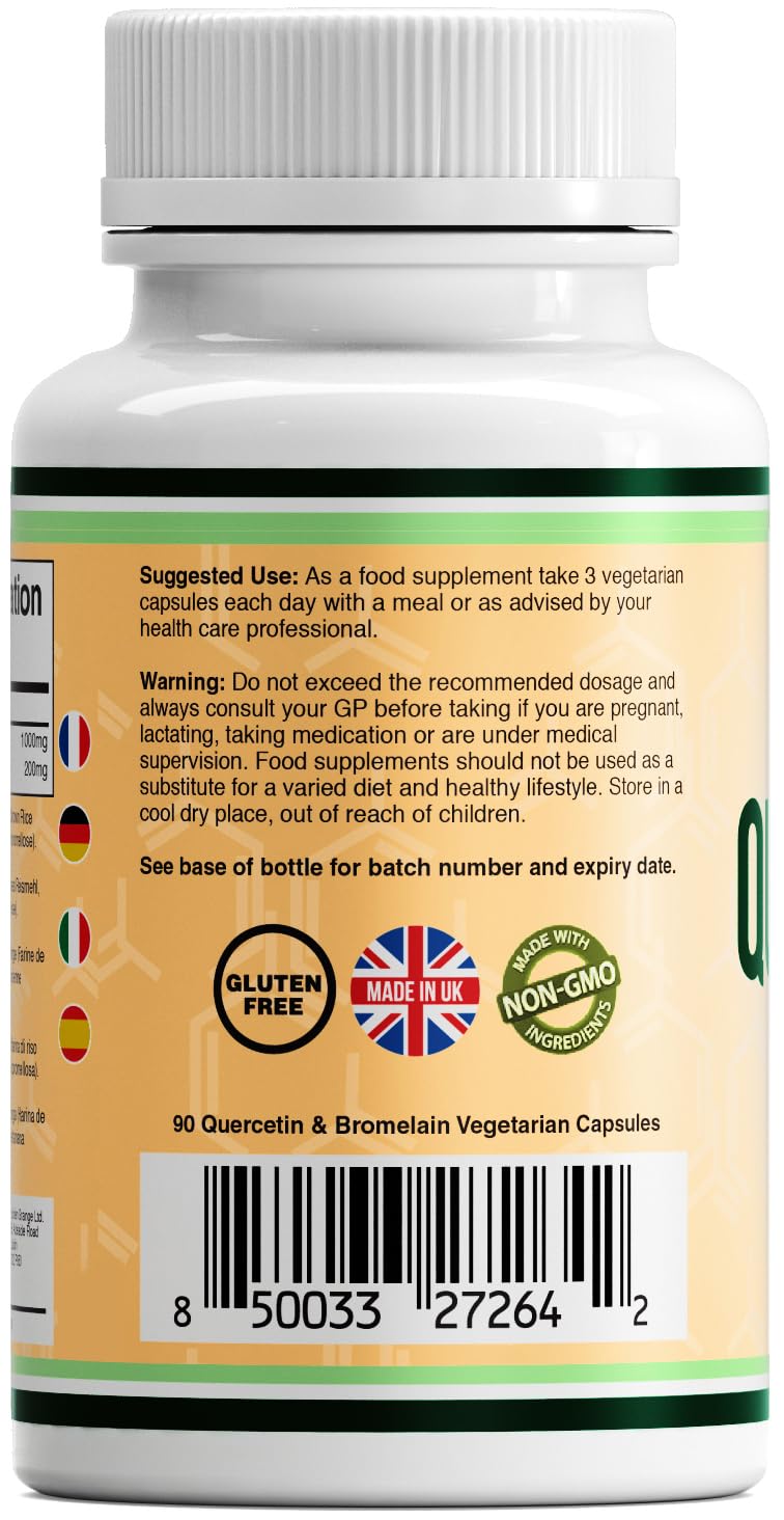 Double Wood Quercetin 1000mg with Bromelain 200mg – 90 Vegan Capsules (30 Day Supply) – Immune Support, Antioxidant, Respiratory, Mucus & Allergy Relief – Non-GMO, UK Made 90 count (Pack of 1)