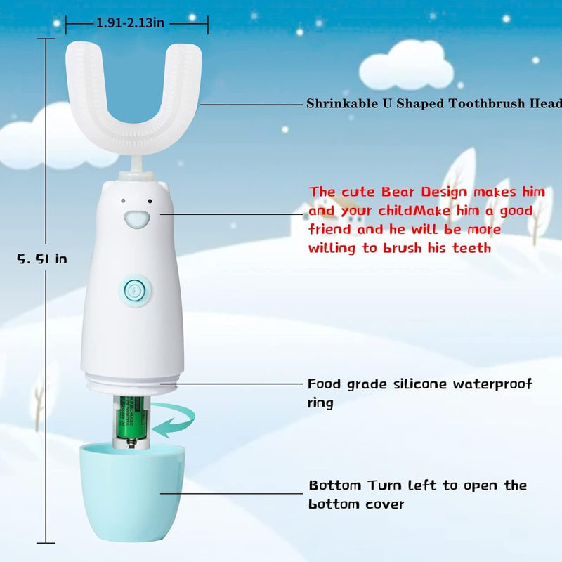 [Australia] - Kids Electric Toothbrush，6 Cleaning Models Toddler Toothbrush Waterproof Battery Powered 360 Automatic Sonic u Shaped Toothbrushes for 2-7 Years Old for Boys Girls（Blue） Age 2-7 Blue 