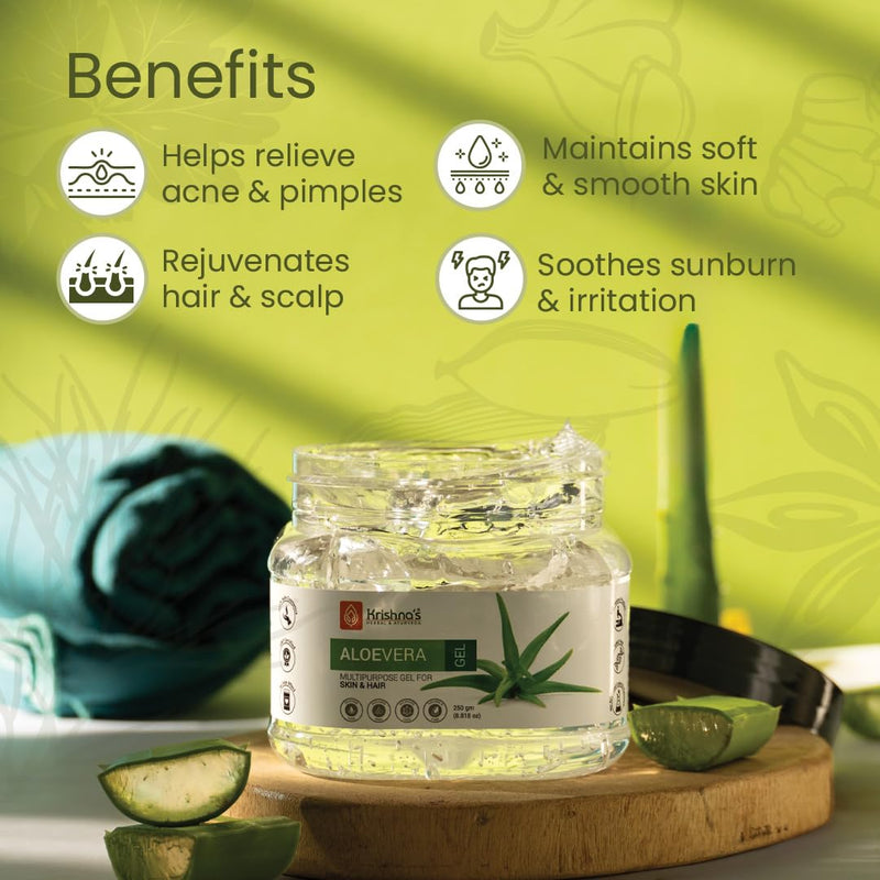 KRISHNA'S HERBAL & AYURVEDA Aloe Vera Gel, Pure Non-Sticky Transparent 3 In 1 Aloe Fresh Soothing Gel For Skin, Body & Hair, Vitamin E Natural Emollients, Dark Spots And Acne 250 g (Pack of 1) White