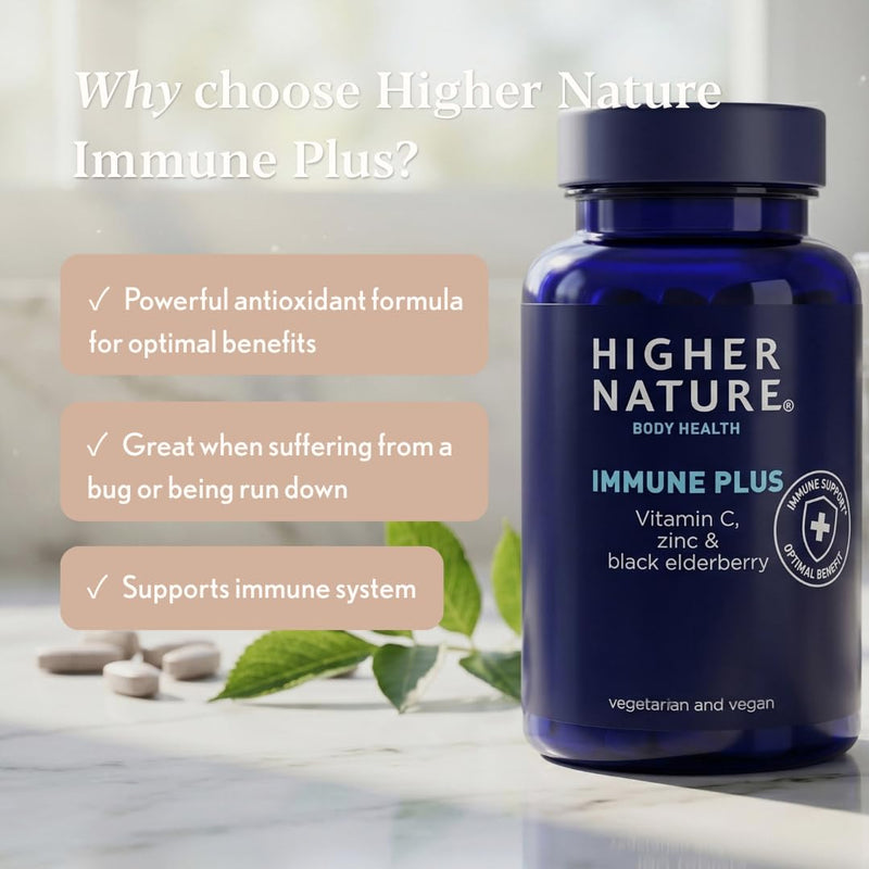 Higher Nature Immune Plus - Vitamin C with Zinc & Black Elderberry - Immune Support Supplements - Vegetarian and Vegan Multivitamin - 90 Tablets Blackberry 90 count (Pack of 1)