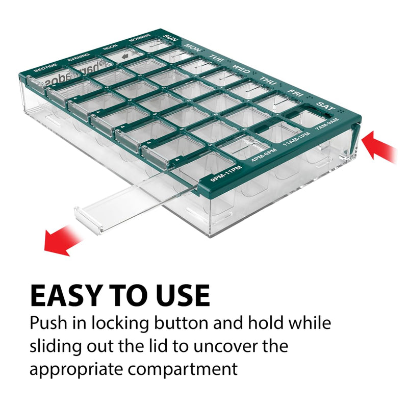 Ezy Dose Pharmadose Weekly 7-Day, 4X/Day Pill Organizer, Green, Medium | 28 Medium Compartment Pill Case, Medicine Planner, Vitamin Organizer with Easy Fill Tray, BPA Free Medium 8"x5.25"x1.25" (Pack of 1)