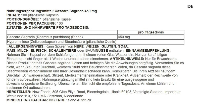 [Australia] - Now Foods - Cascara Sagrada | Natural support for healthy digestion - 450mg - 100 capsules 