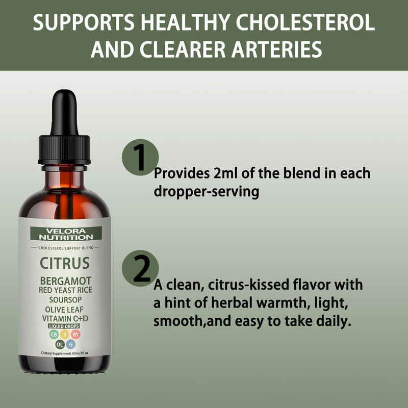 [Australia] - Red Yeast Rice Drops - Cholesterol Support Blend with Citrus, Bergamot, Red Yeast Rice, Soursop, Olive Leaf, Vitamin B+C, Natural, Non-GMO, Vegan, Dietary Supplement, 2 fl. oz. (60ml) 