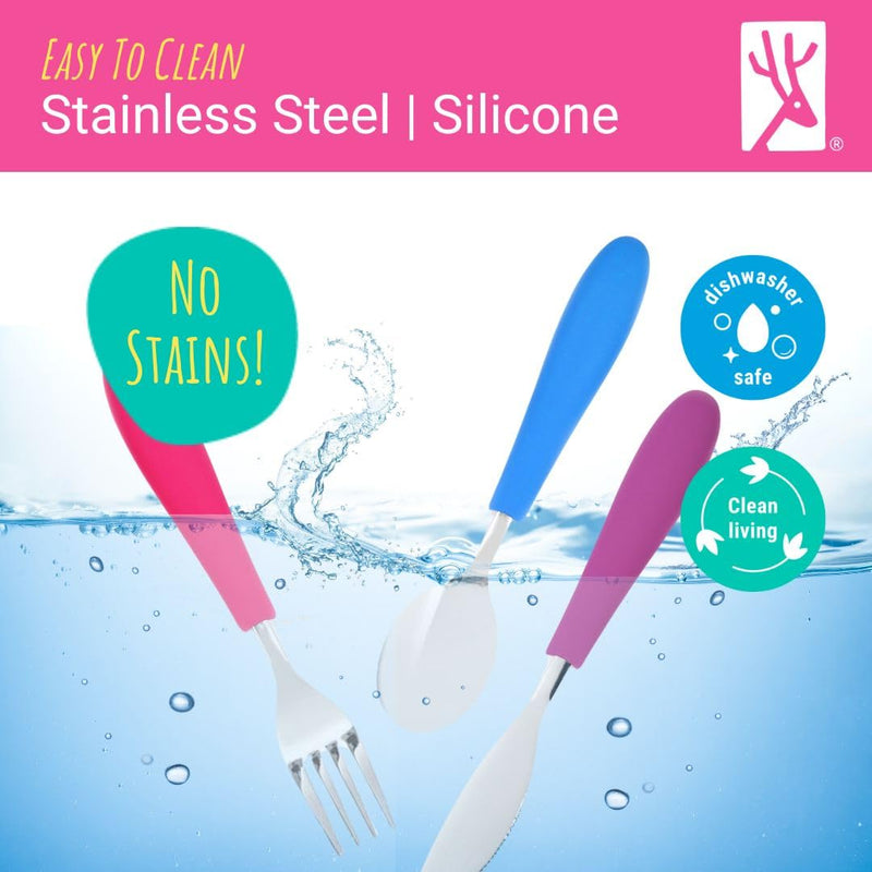 [Australia] - Elk and Friends Kids Silverware with Silicone Handle | Childrens Safe Flatware | Kids Utensils | Spoon + Fork + Knife set | 4 years+ | 6 Pieces Sage/MistyBlue 