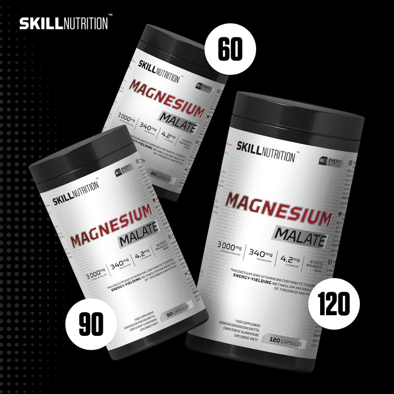 Skill Nutrition Magnesium Malate + Vitamin B6 | 340 mg Magnesium per Serving | 3000 mg Magnesium Malate, Active B6 P-5-P | No Magnesium Oxide | 60 Capsules