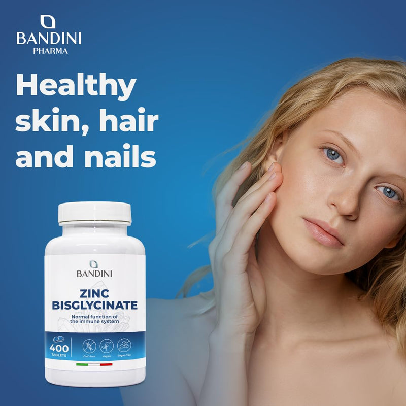 Bandini® Zinc Bisglycinate 400 Tablets (13-Month Supply), High Strength & High Absorption Pure Zink Supplement for Skin, Hair, Nails, Eyesight and Immune System, GMO-Free, Alternative to Capsules