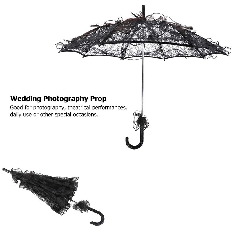 Fdit Bridal Lace Cotton Umbrella Parasol Costume for Wedding Parties Dancing Photography Prop(Black)