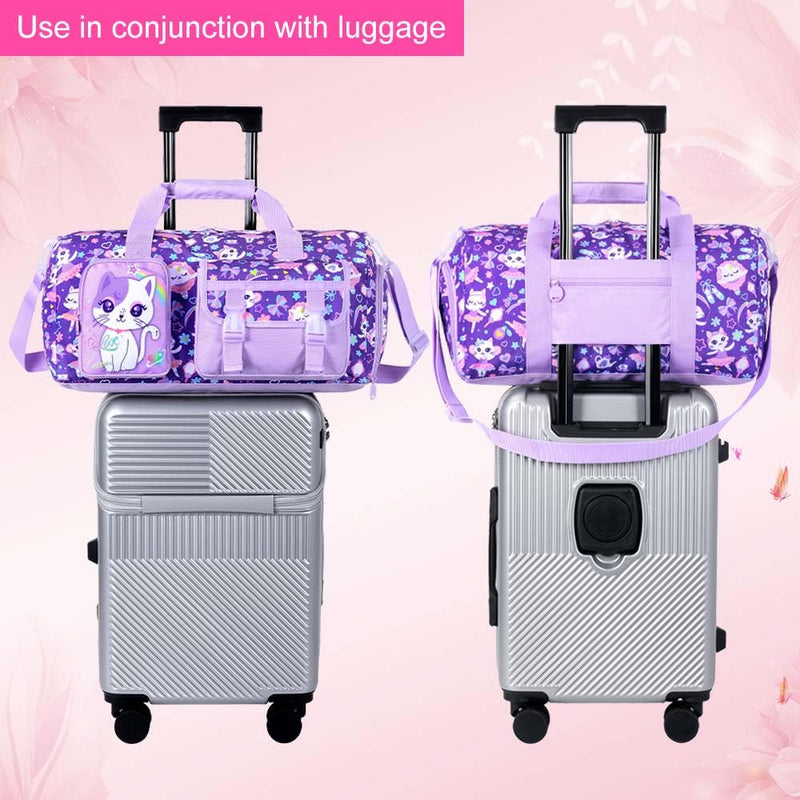 Kids Cat Duffle Bag for Girls, Water-Resistant Travel & Weekender Bag with Shoe Compartment for Sports, Gym & Sleepovers Cute Cat Duffle Bag Purple