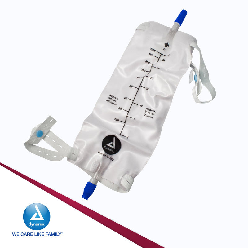 [Australia] - Dynarex Urinary Leg Bag, For Use with a Catheter, Has a Non-Drip Closure and Anti-Reflux Valve, Includes Easy-to-Use Straps, 1000 ml/20 oz Capacity, Medium, White, 1 Box of 12 Dynarex Urinary Leg Bags 