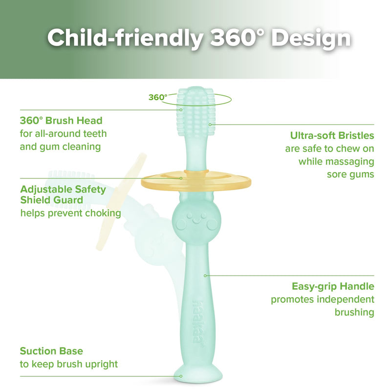 [Australia] - Haakaa 360 Food Grade Silicone Baby Toothbrush - 6M+ With Shield & Base Design, 1pc (Blue) Blue 