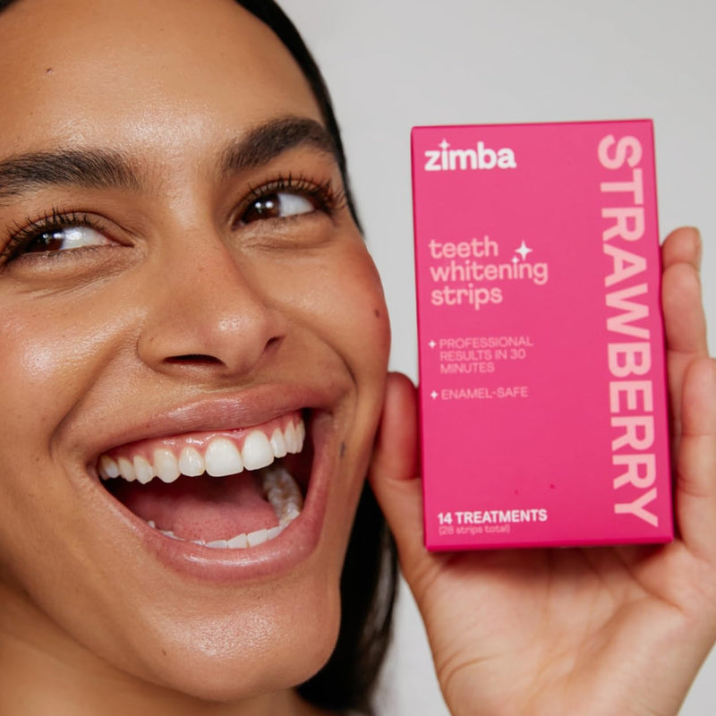 Zimba Teeth Whitening Strips for Teeth Sensitive, White Strips for Teeth Whitening, Teeth Whitener Stain Remover 28 White Strips Included Per Pack, 2 Pack (14 Day Treatment), Strawberry and Mint