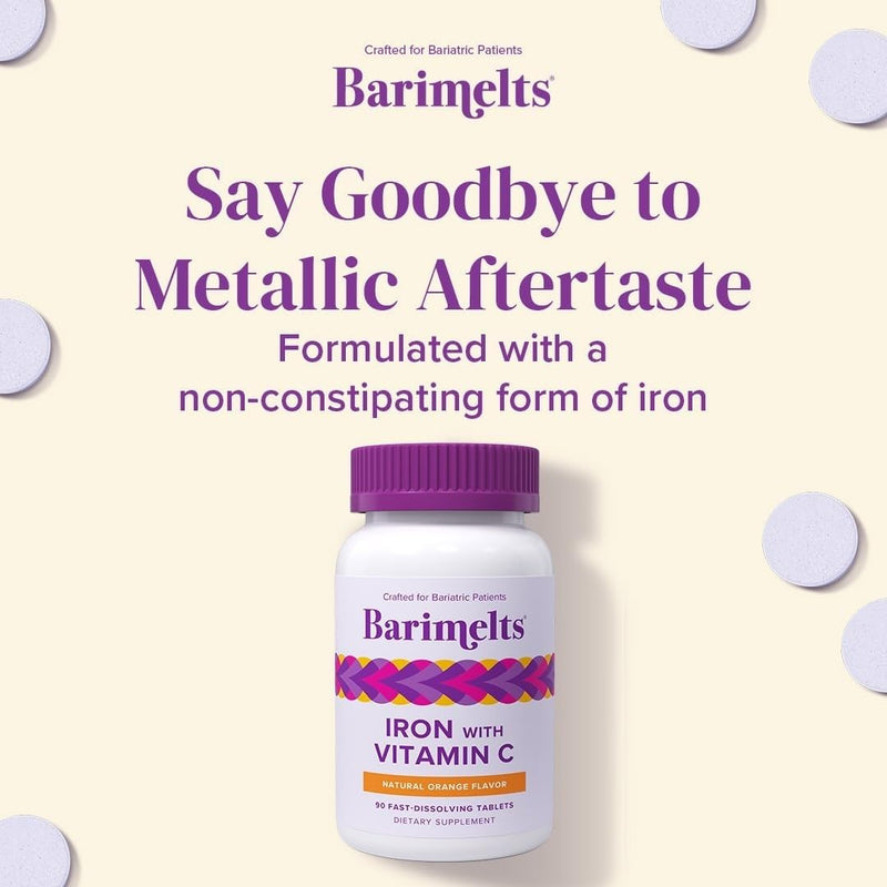 Barimelts Iron with Vitamin C, 270 Fast-Dissolving Tablets (3-Month Supply), Sugar-Free Bariatric Iron Supplement for Women, Natural Orange Flavor 90 Count (Pack of 3)