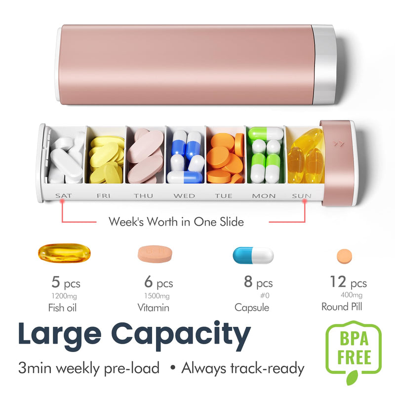 𝐏𝐢𝐥𝐥 𝐎𝐫𝐠𝐚𝐧𝐢𝐳𝐞𝐫 𝟕 𝐃𝐚𝐲𝐬 with Leak-Proof Slide Lock | Portable Pill Case for Vitamins & Medications | Large Capacity Weekly Pill Box, Travel-Friendly Compact Design (Sun-Sat Labels) Pink