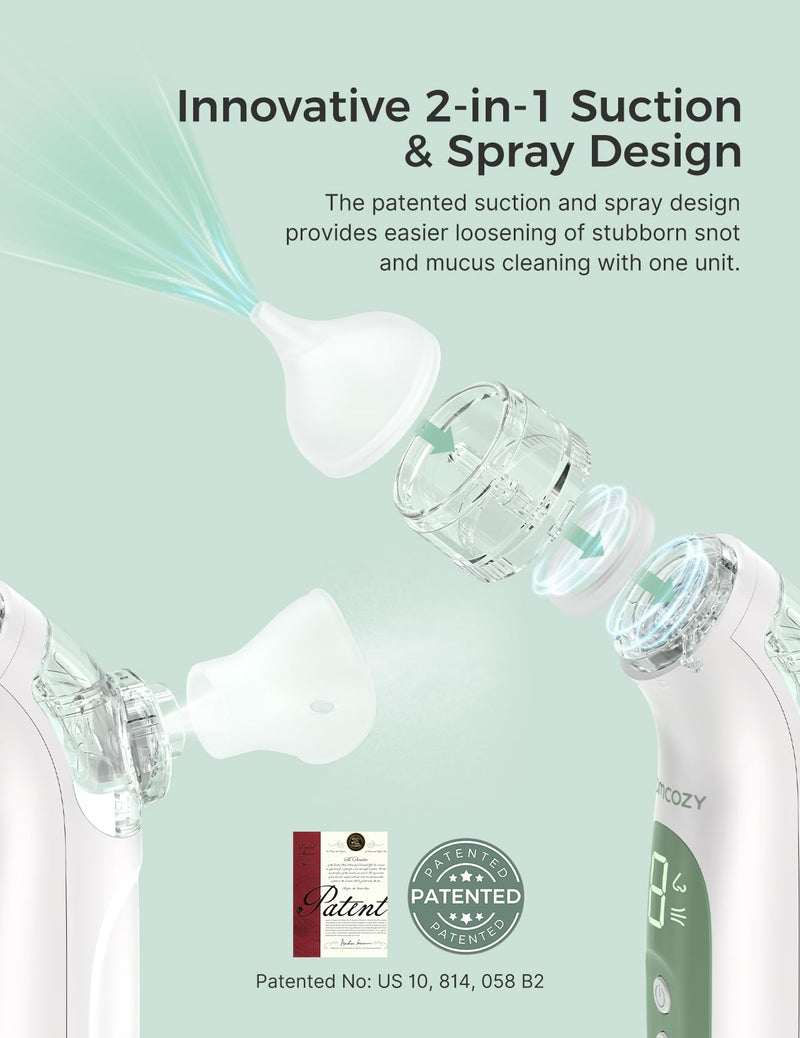 [Australia] - Momcozy BreezyClear‚Ñ¢ 2-in-1 Electric Nasal Aspirator for Baby with Spray, 65kPa Hospital-Grade Suction, 4 Adjustable Levels, Quiet & Portable Nose Cleaner with Soothing Light & Music 