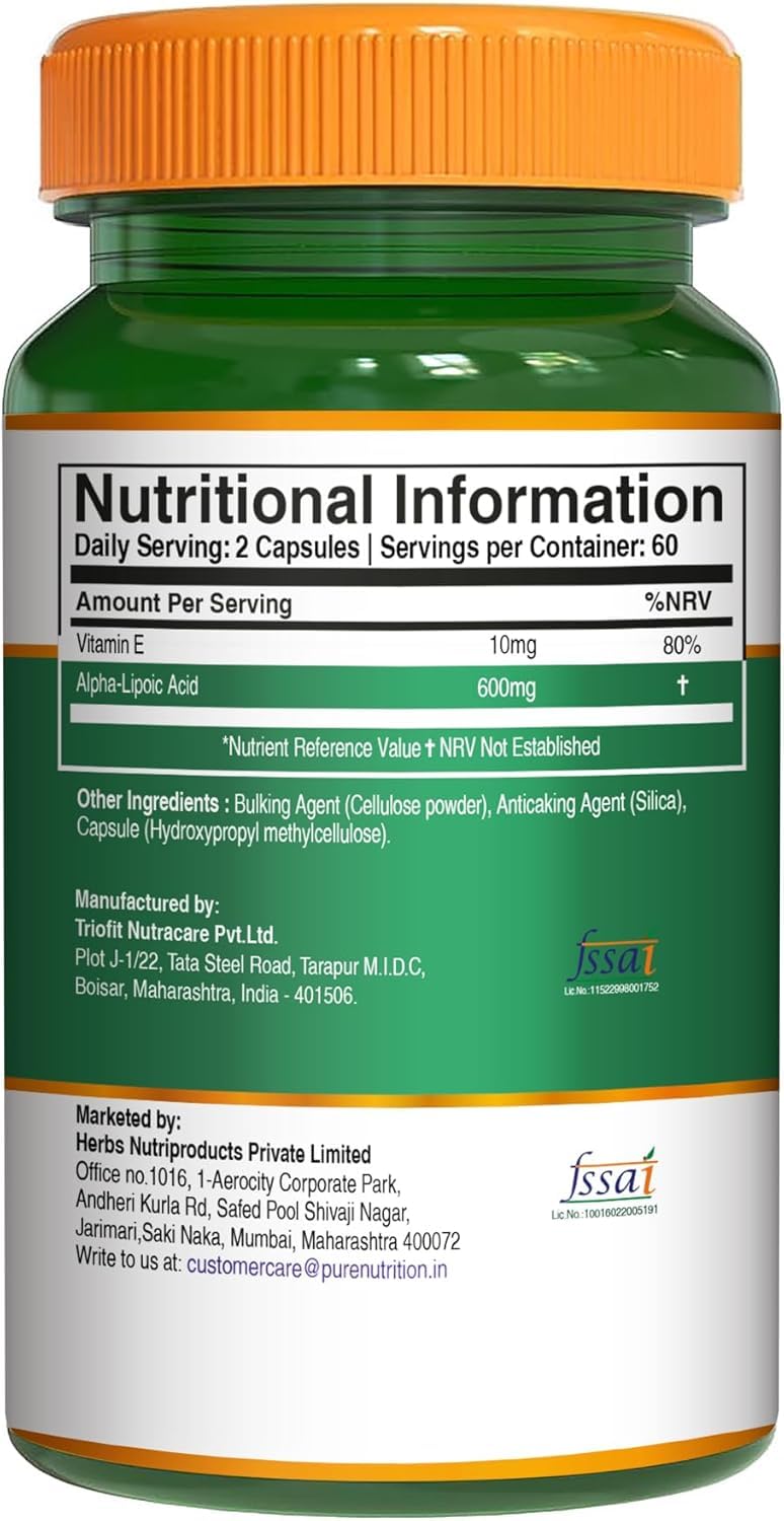 Pure Nutrition Alpha Lipoic Acid 600mg + Vitamin E | 120 Caps | Powerful Antioxidant to Support Nerve & Heart Health*. | Non-GMO