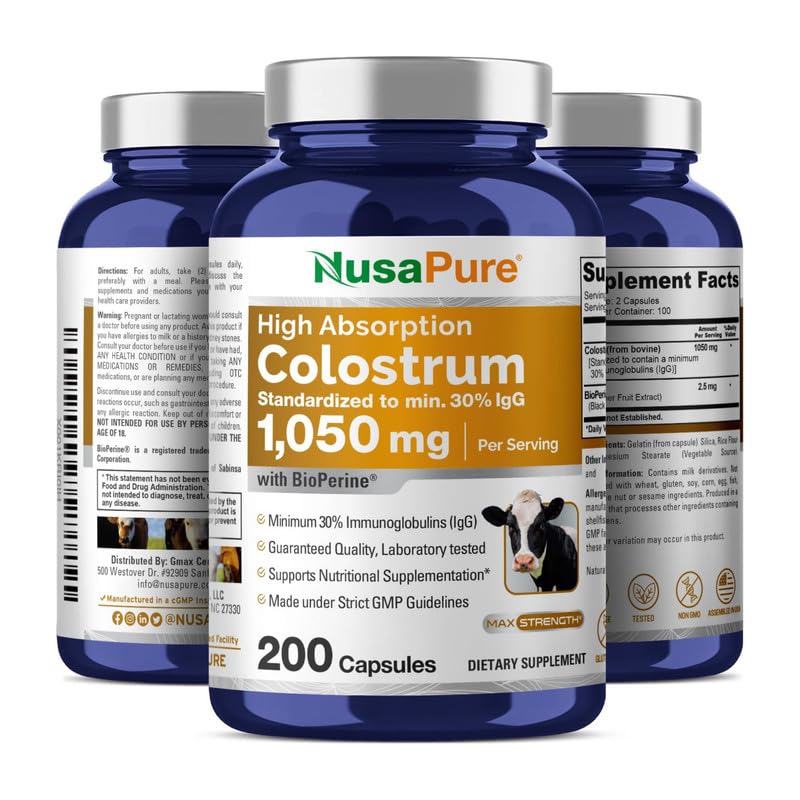 [Australia] - NusaPure Colostrum 1050mg 30% IgG 200 Capsules (Non-GMO, Gluten Free) Bioperine 