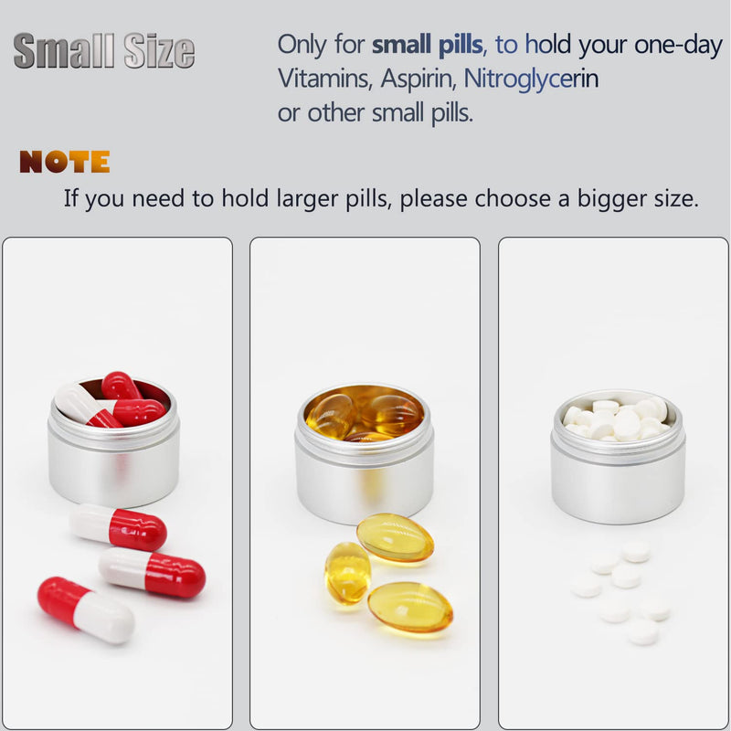 Portable Daily Pill Case, Heavy Duty Aluminium Alloy Round Pill Box, Waterproof Travel Pill Organizer, Pocket Purse Medicine Vitamin Holder EDC Container for Outdoor Camping Working Silvery Small